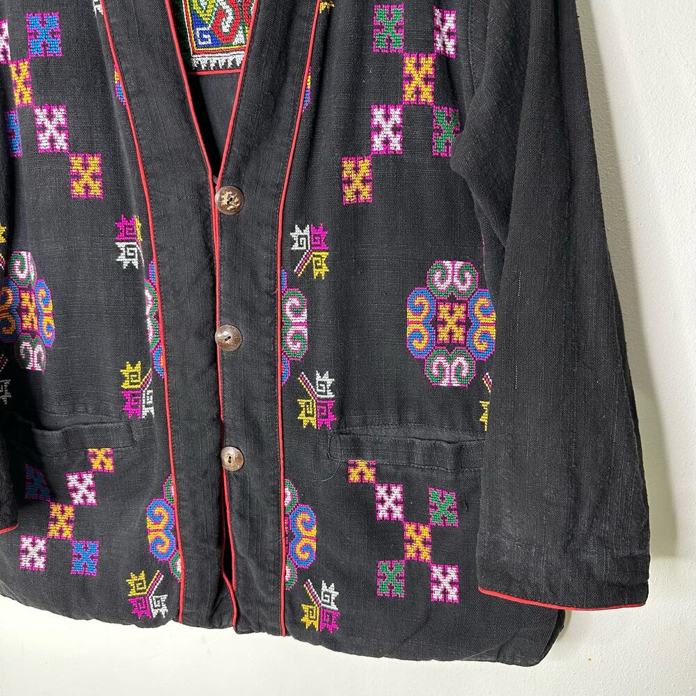 Vintage Embroidered Jacket Black Kimono Women's XL Reversible Cotton Blend Boho‎ - Picture 7 of 11